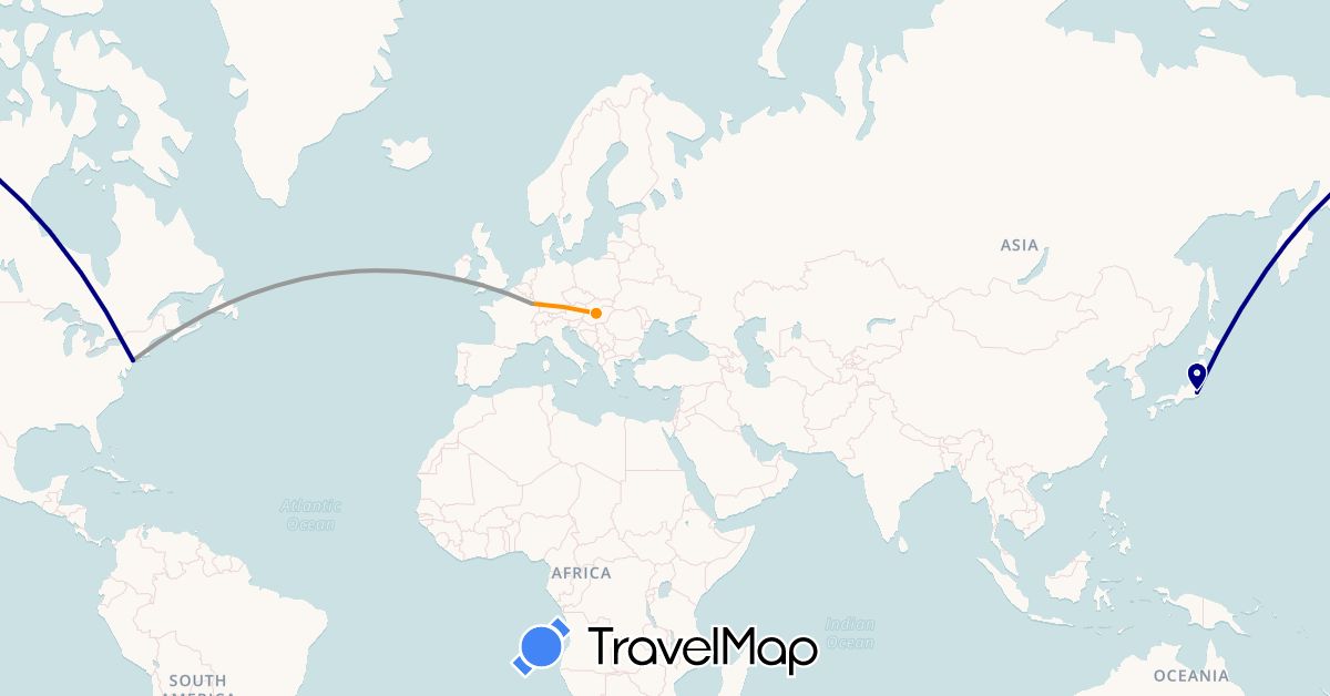 TravelMap itinerary: driving, plane, hitchhiking in France, Hungary, Japan, United States (Asia, Europe, North America)